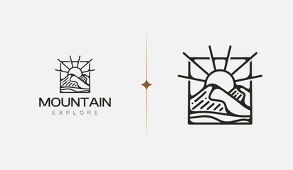 Mountain Hill Top Sun Rays monoline. Universal creative premium symbol. Vector sign icon logo template. Vector illustration
