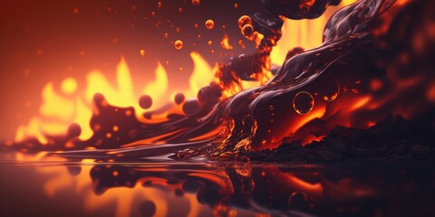 Liquid red amber wave splash, hot fiery abstract flames. Blazing hot wallpaper background image - generative AI.