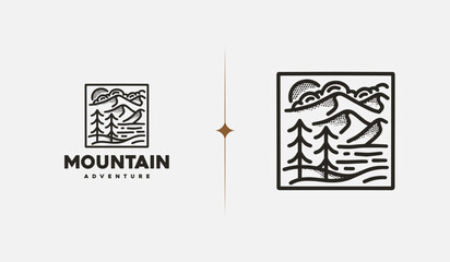 Mountain Hill Top Sun Rays monoline. Universal creative premium symbol. Vector sign icon logo template. Vector illustration