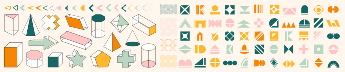 Set of 97 simple geometric shapes, arrows, and monoline geometric. Random icon elements. For creating your own patterns and designs.