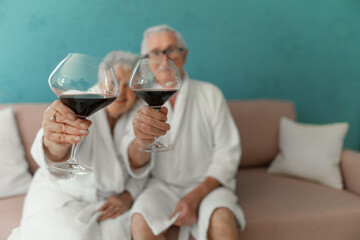 Happy senior couple sitting together in bathrobe on sofa with glass of wine, having nice time at home.