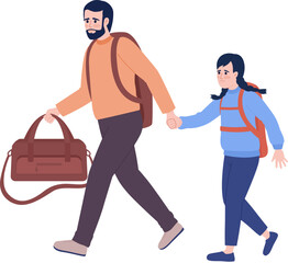 Plakat Father and daughter refugees with belongings semi flat color vector characters. Editable figures. Full body people on white. Simple cartoon style spot illustration for web graphic design and animation