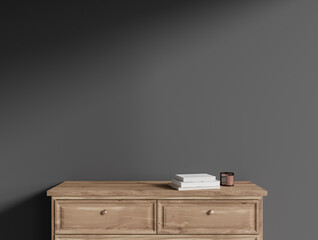 Dark gallery room interior with empty grey wall with sideboard