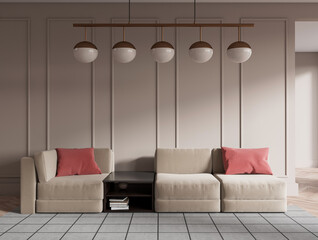 Front view on dark living room interior with beige wall