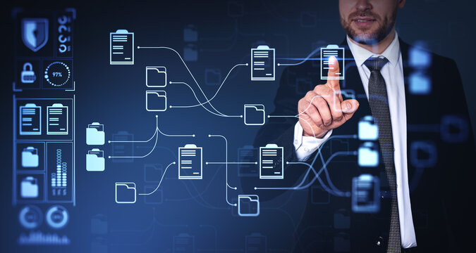 Businessman finger touch document management system hologram