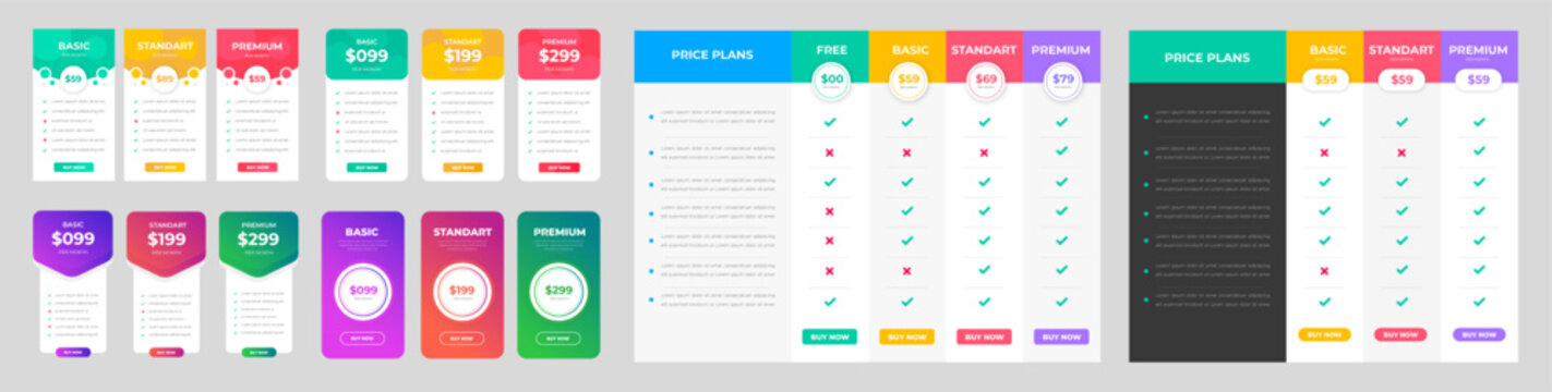 set of 06 Mega collection pricing table and pricing chart Price list vector template for web or app. Ui UX design tables with tariffs, subscription and business plans.