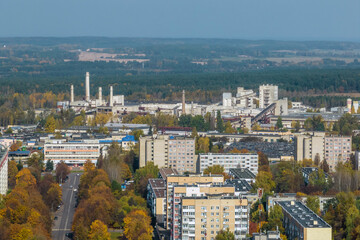 aerial panoramic view from great height on red roofs of old big city