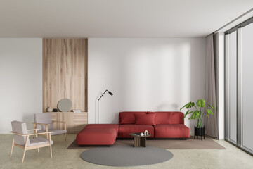 Front view on bright living room interior with white wall