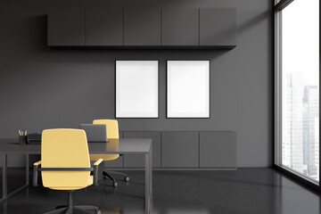 Grey office interior with work zone and laptop, window. Mockup frames