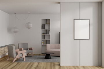Modern living room interior with couch and decoration on shelf. Mockup frame
