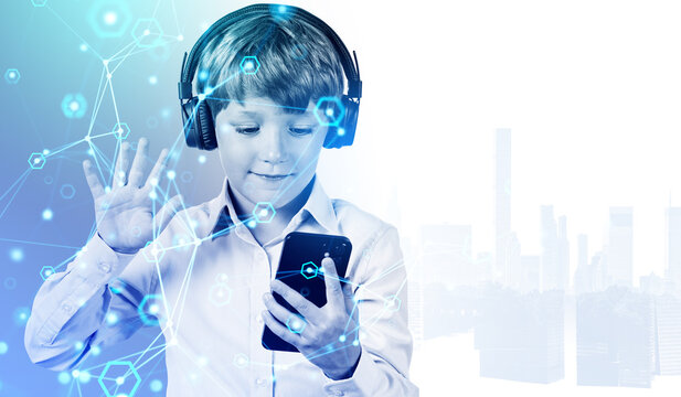 Kid boy with smartphone in hands, digital connection lines and s