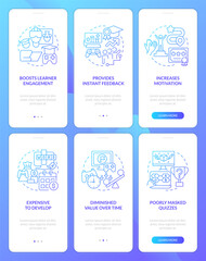 Gamification pros and cons blue gradient onboarding mobile app screens set. Walkthrough 3 steps graphic instructions with linear concepts. UI, UX, GUI template. Myriad Pro-Bold, Regular fonts used