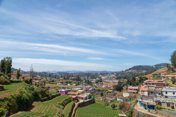Village in a hill at Nilgiri forest Ooty. Landscape of Ooty Tamil nadu India