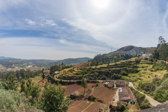 Village in a hill at Nilgiri forest Ooty. Landscape of Ooty Tamil nadu India