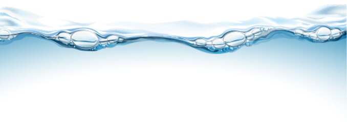 Transparent realistic vector mineral water line on light background. Water surface with drops and bubbles.  - 573838824