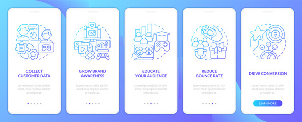 Digital marketing gamification pros blue gradient onboarding mobile app screen. Walkthrough 5 steps graphic instructions with linear concepts. UI, UX, GUI template. Myriad Pro-Bold, Regular fonts used