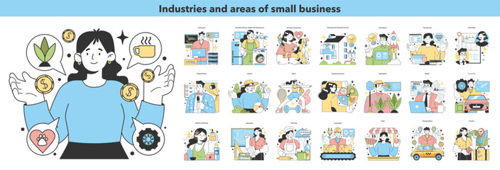 Small business set. Industries and areas for a starting and developing