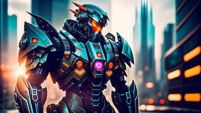 Fototapeta robot android cyborg machine futuristic in the future cyberpunk city, digital art style