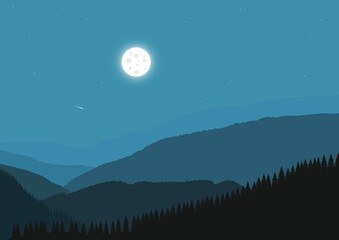 Fototapeta premium night landscape with mountains and a full moon, vector illustration.
