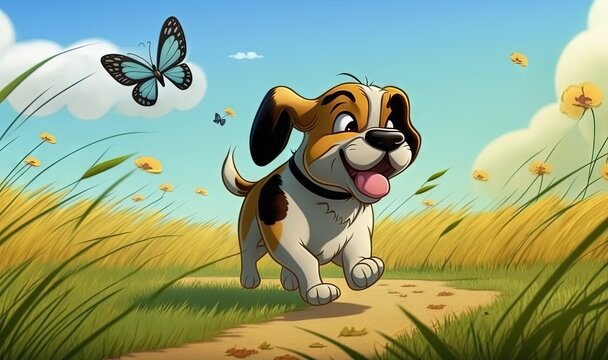  a cartoon dog running across a field with a butterfly flying overhead.  generative ai