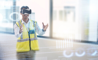 Construction, futuristic and architect with VR and man, digital transformation and metaverse with...