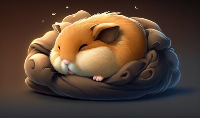  a hamster sleeping in a pillow on a dark background.  generative ai