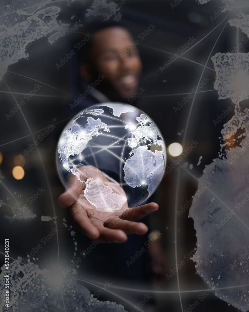Aufkleber Hologram, hand and global with communications, futuristic and software for networking, digital and connection. Black man, earth and holographic with innovation, future or international cyber security