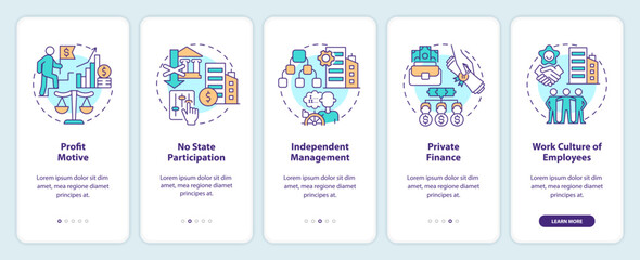 Private sector features onboarding mobile app screen. Business walkthrough 5 steps editable graphic instructions with linear concepts. UI, UX, GUI template. Myriad Pro-Bold, Regular fonts used