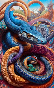 Design with fabulous snakes and flowers. Generated by AI. Bright pattern for printing on fabric, covers, fabric. Fantasy style