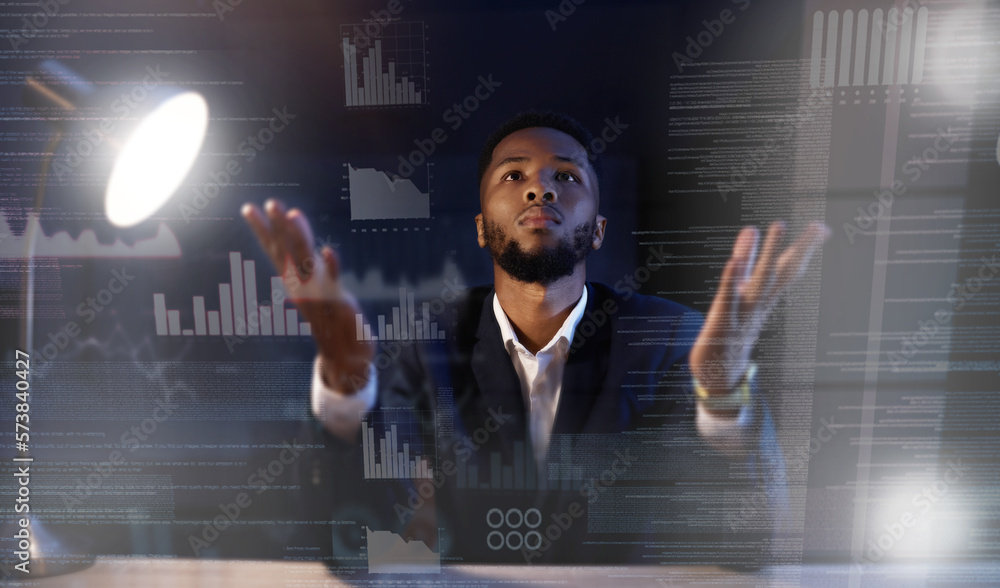 Poster businessman, research data and confused at night in office, waiting for stock market. black man with