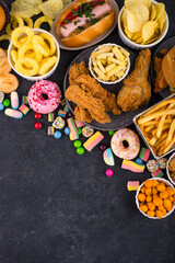 Assortment of various unhealthy junk food.