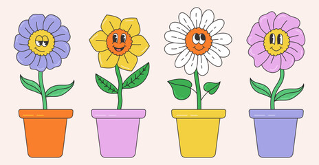 Abstract plants. Simple domestic Flowers in pots with faces. Han