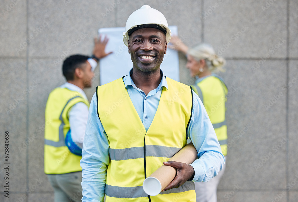 Poster black man, architect and portrait smile with blueprint in building or construction plan on site. hap