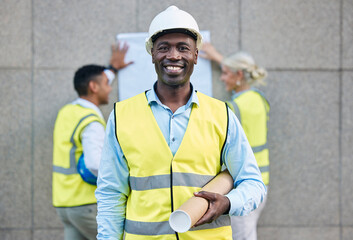 Black man, architect and portrait smile with blueprint in building or construction plan on site....