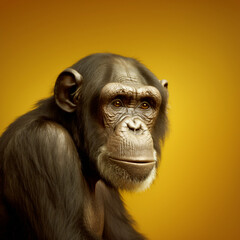 Chimpanzee on a yellow background. Generative AI.