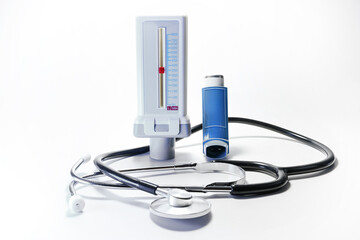 Peak flow meter, inhaler pump spray and a stethoscope, medical devices for patients with COPD,...