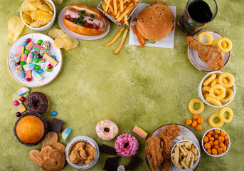 Assortment of various unhealthy junk food.