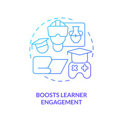 Boost learner engagement blue gradient concept icon. Interesting lessons. Gamification benefits in e learning abstract idea thin line illustration. Isolated outline drawing. Myriad Pro-Bold font used