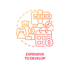 Fototapeta na wymiar Expensive to develop red gradient concept icon. Financial side. Gamification challenges in e learning abstract idea thin line illustration. Isolated outline drawing. Myriad Pro-Bold font used