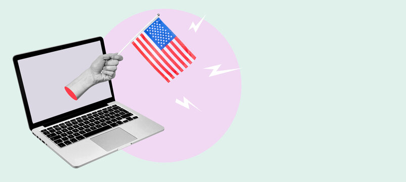 Art collage, hand with American flag out of laptop with likes and hearts on light background. - Powered by Adobe