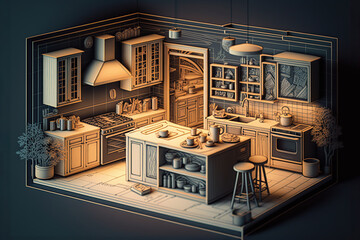 Kitchen interior plans emerging from architectural draw. Generative AI illustration.
