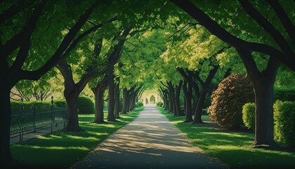 Fototapeta premium a pathway lined with trees leading to a tunnel of trees. generative ai