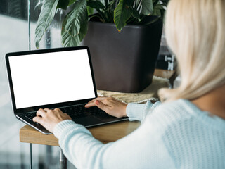 Distance education. Online project. Digital mockup. Unrecognizable lady typing laptop with blank...