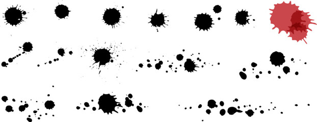 Vector overlay grunge brush strokes and Ink splatters isolated on a white background. Ink splashes and drops. Hand drawn grunge spray and splash design elements.