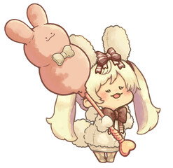 動物型チョコポップを持つ　モコモコ服の女の子　うさぎ　ミルクカラーver