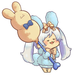 動物型チョコポップを持つ　モコモコ服の女の子　うさぎ　ブルーver
