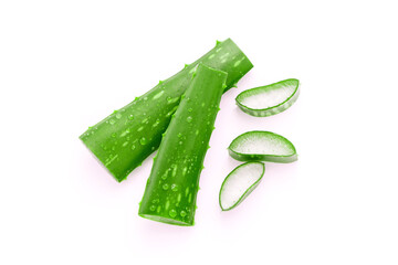 Green aloe vera leaves has water drop and slice on white background , top view , flat lay.