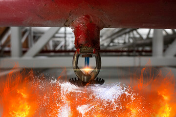 Rociación con rociador de incendios. Fuego y agua en el fondo.