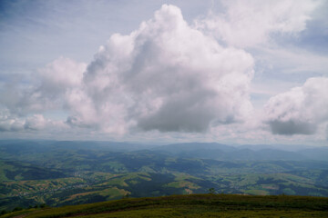 Obraz premium Beautiful summer mountain landscape, forest, clouds. Mount Gemba Pylypets Ukraine. Ukrainian mountains Carpathians, Transcarpathia
