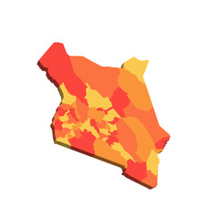 Kenya political map of administrative divisions - counties. 3D map in shades of orange color.